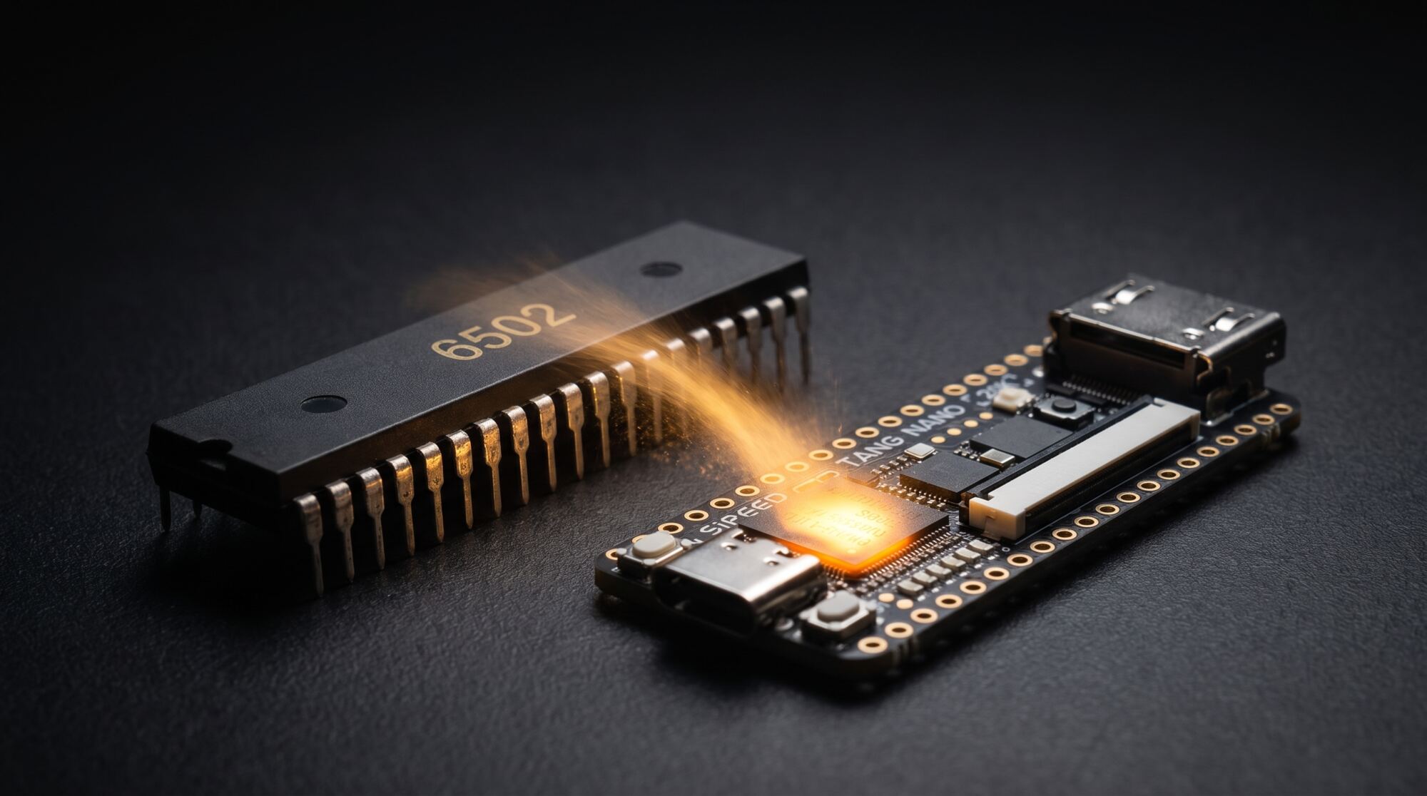 An old 6502 chip dissolving into light and pouring into a small FPGA board
