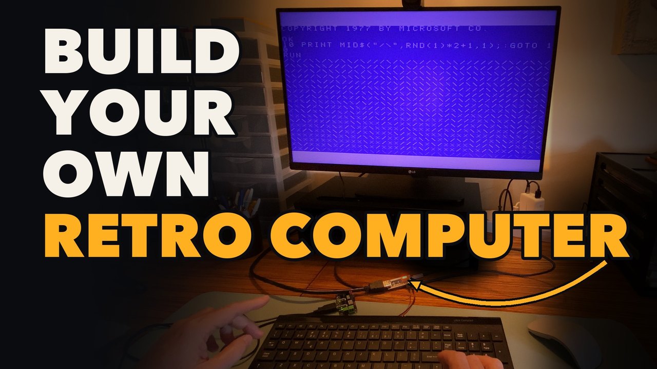 The finished computer: Microsoft BASIC on the screen, the keyboard, and the small FPGA board
