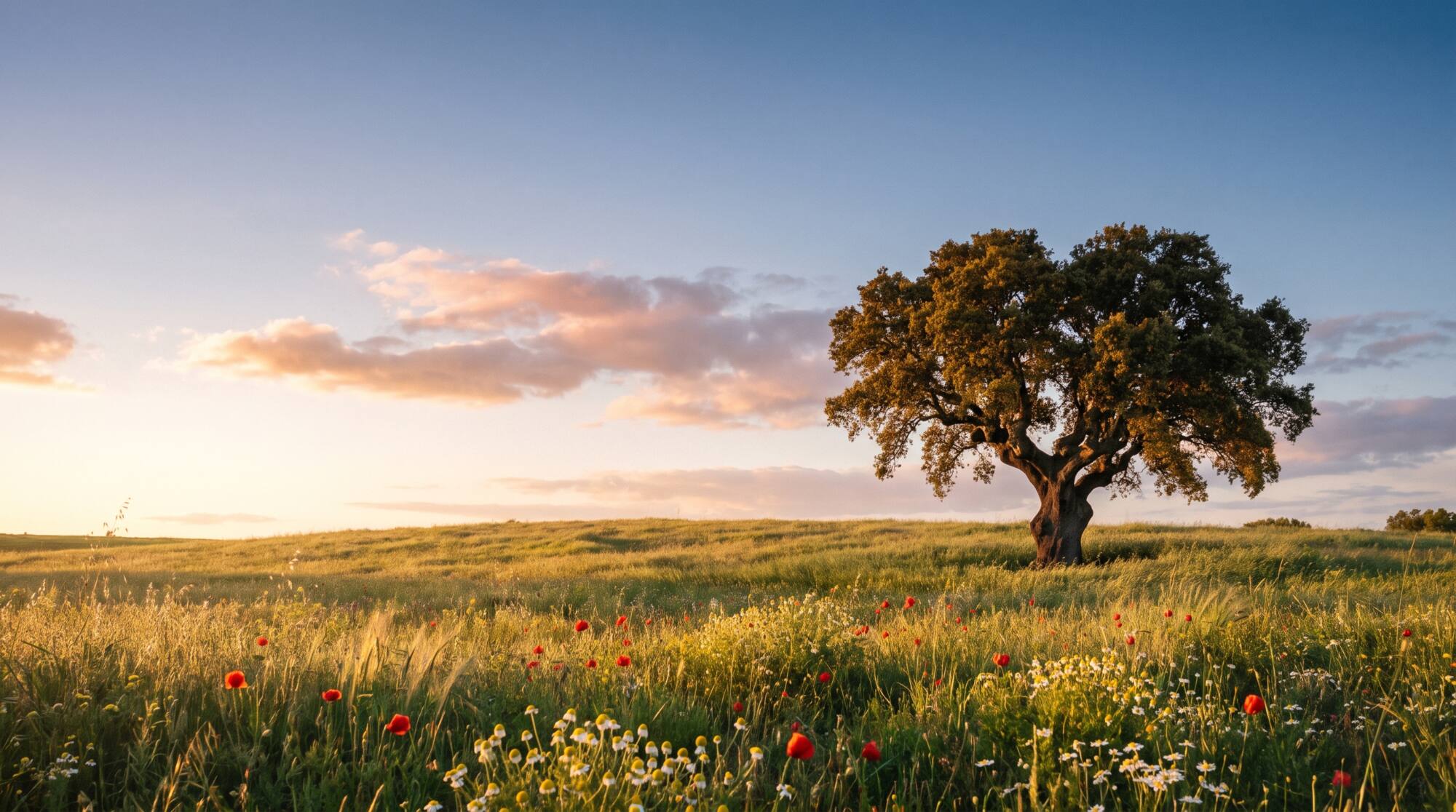 Un vieux chêne-liège dans un pré en fleurs de l'Alentejo, dans la lumière dorée du soir